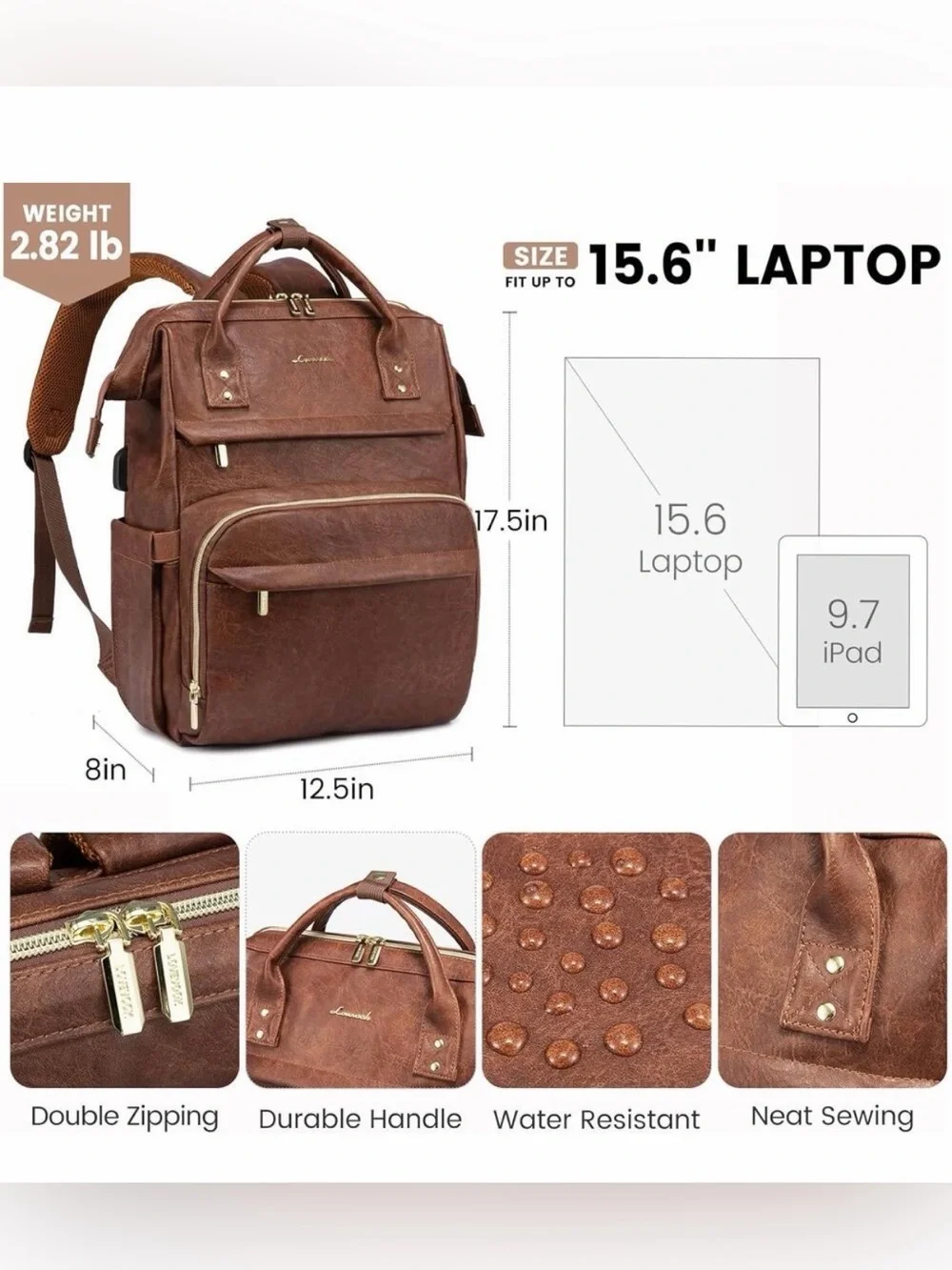 NWT LOVEVOOK brown Vegan Leather 15.6” Laptop Backpack - USB Port & Gold Zippers